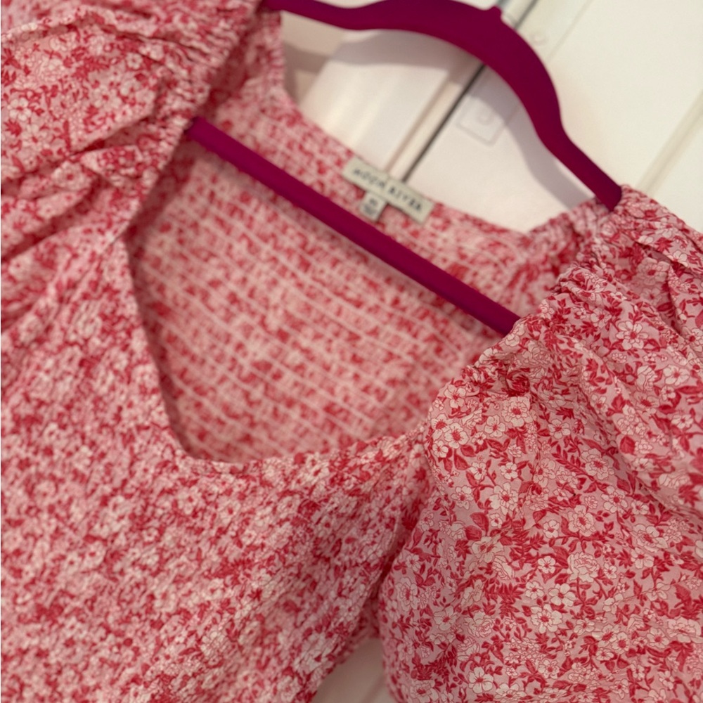 Moon River Red and White Smocked Ruffled Midi Dress